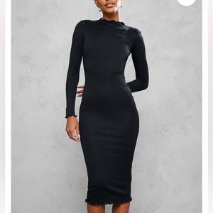PLT Black Rib Lettuce Hem Long Sleeve Midaxi Dress size 12 NEW with tag sexy